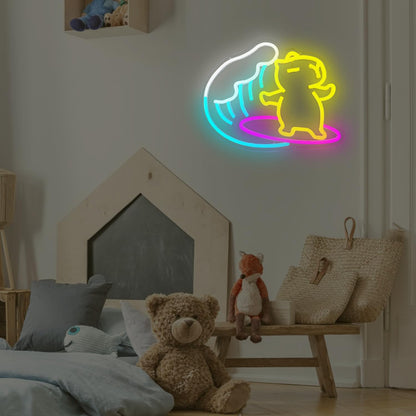 Dpaint neon surfing capybara wall decor glowing in a cozy child's room with teddy bears and cushions