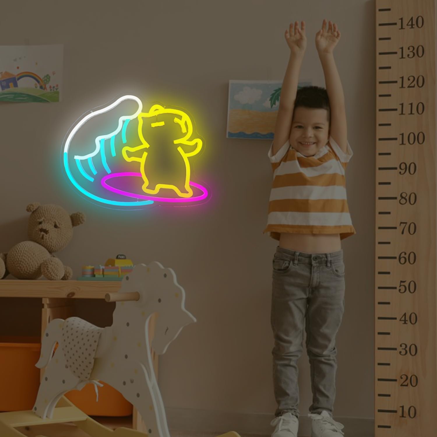 Dpaint neon surfing capybara wall decor mounted in a child's playroom with toys and height chart