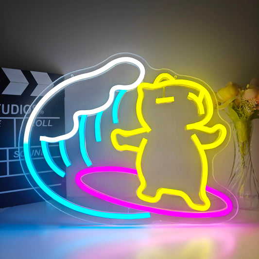 Dpaint colorful neon surfing capybara wall decor with wave and surfboard shape for lawn and patio