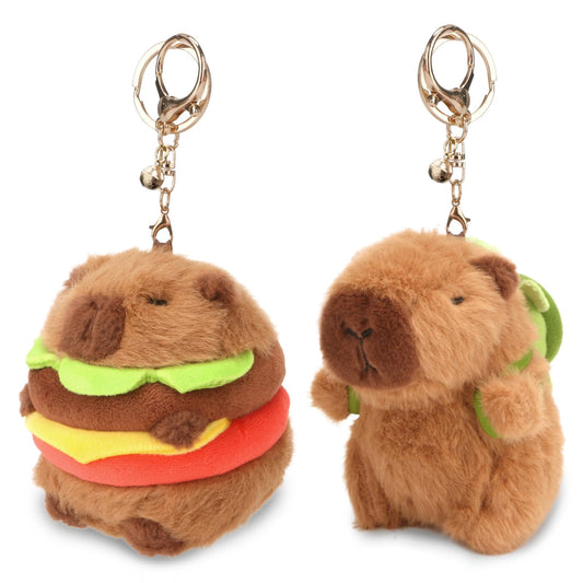 cute capybara keychain set featuring plush capybaras with burger and turtle designs