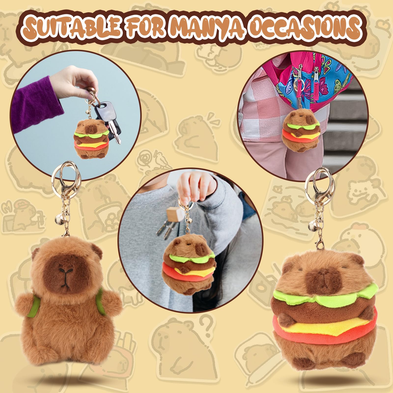 capybara keychain set featuring soft plush capybaras dressed as hamburgers attached to key rings