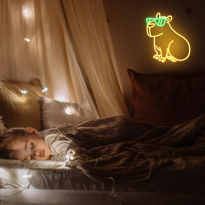 Cool animal wall light decor featuring a glowing neon dog with green sunglasses in a cozy bedroom