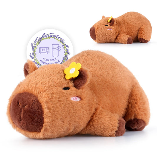 SuzziPals heatable capybara pillow for cramps with soft plush fabric and yellow flower detail