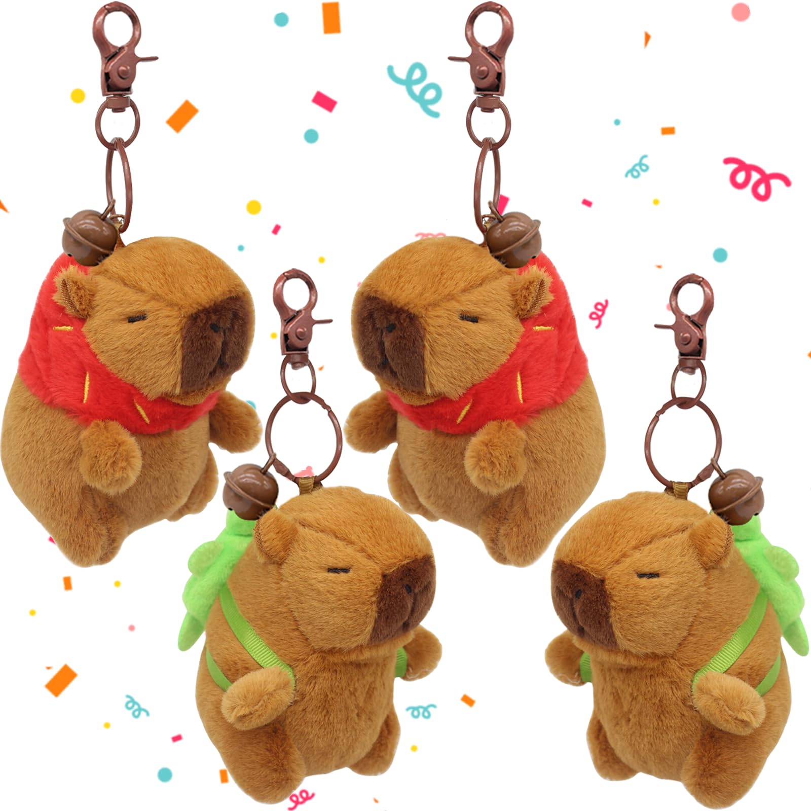 plush capybara keychain 4 pack with soft brown capybara toys wearing colorful scarves and clips