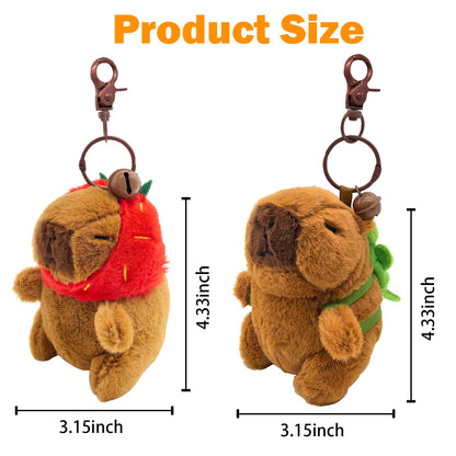 plush capybara keychain 4 pack showing two 4.33 inch plush toys with fruit costumes and key rings